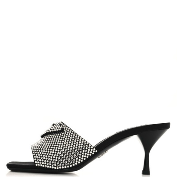 Prada - Satin Crystal Logo 65 mm Slide Sandal- Color: Black- Size: 37.5 - Picture 3 of 11